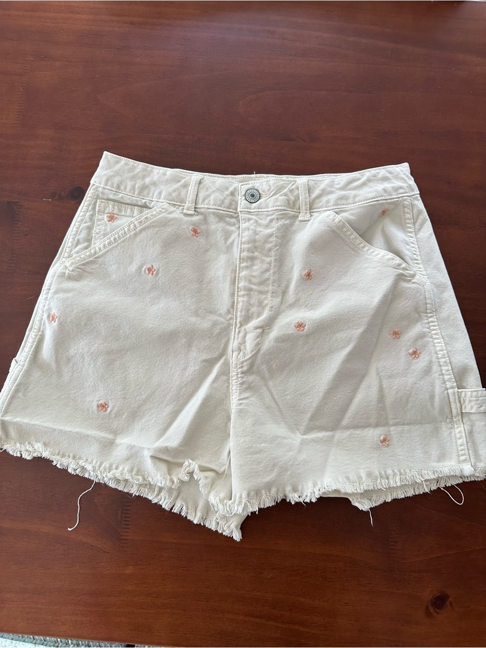 American Eagle Outfitters Cream Denim Shorts with Pink Floral Embroidery